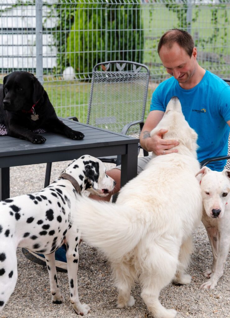 With the dogs in the garden of the SCHNAUZERL Hotel