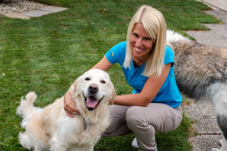 Carer with a dog on the meadow